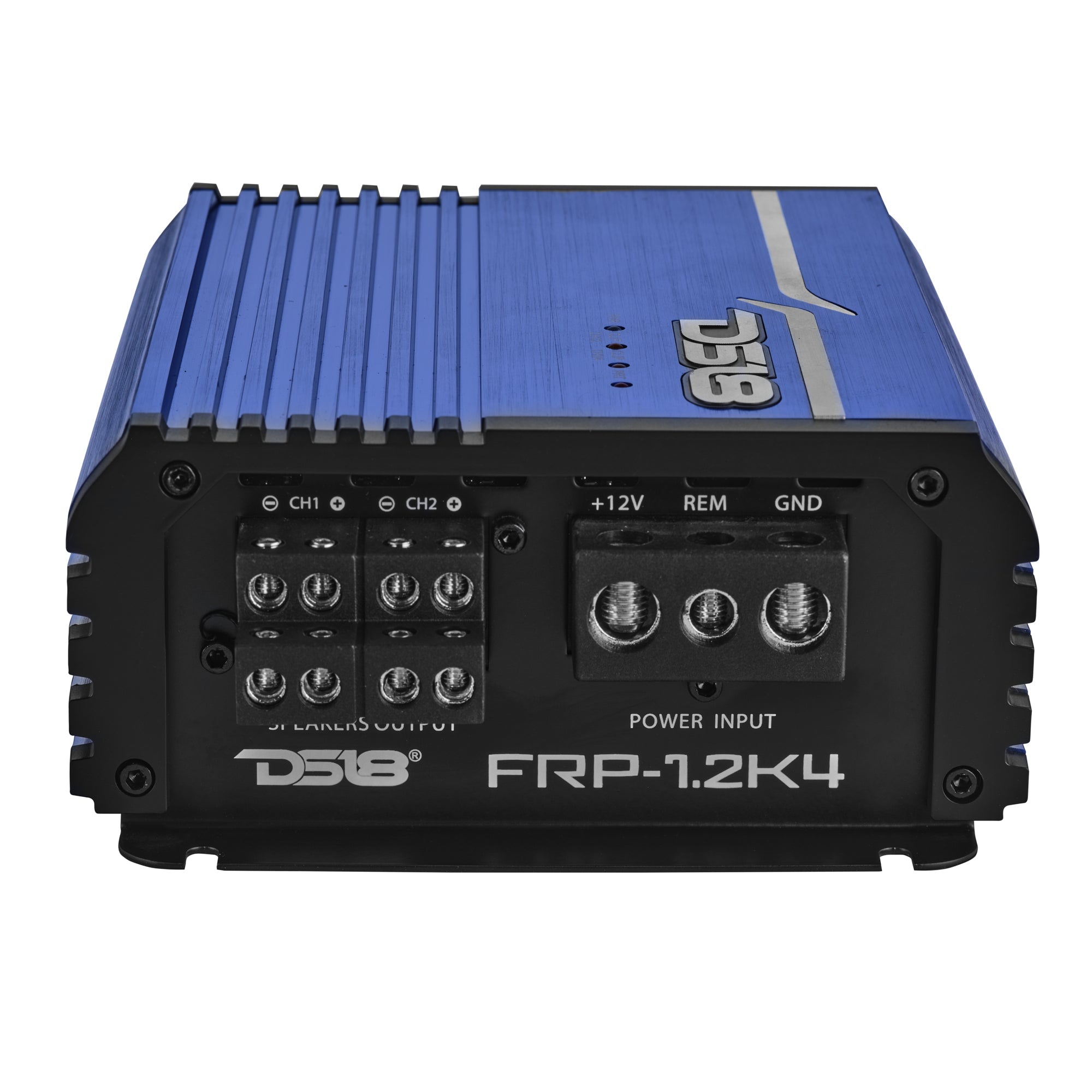 DS18 FRP-1.2K4-BL amplifier right side view showing crossover and gain controls