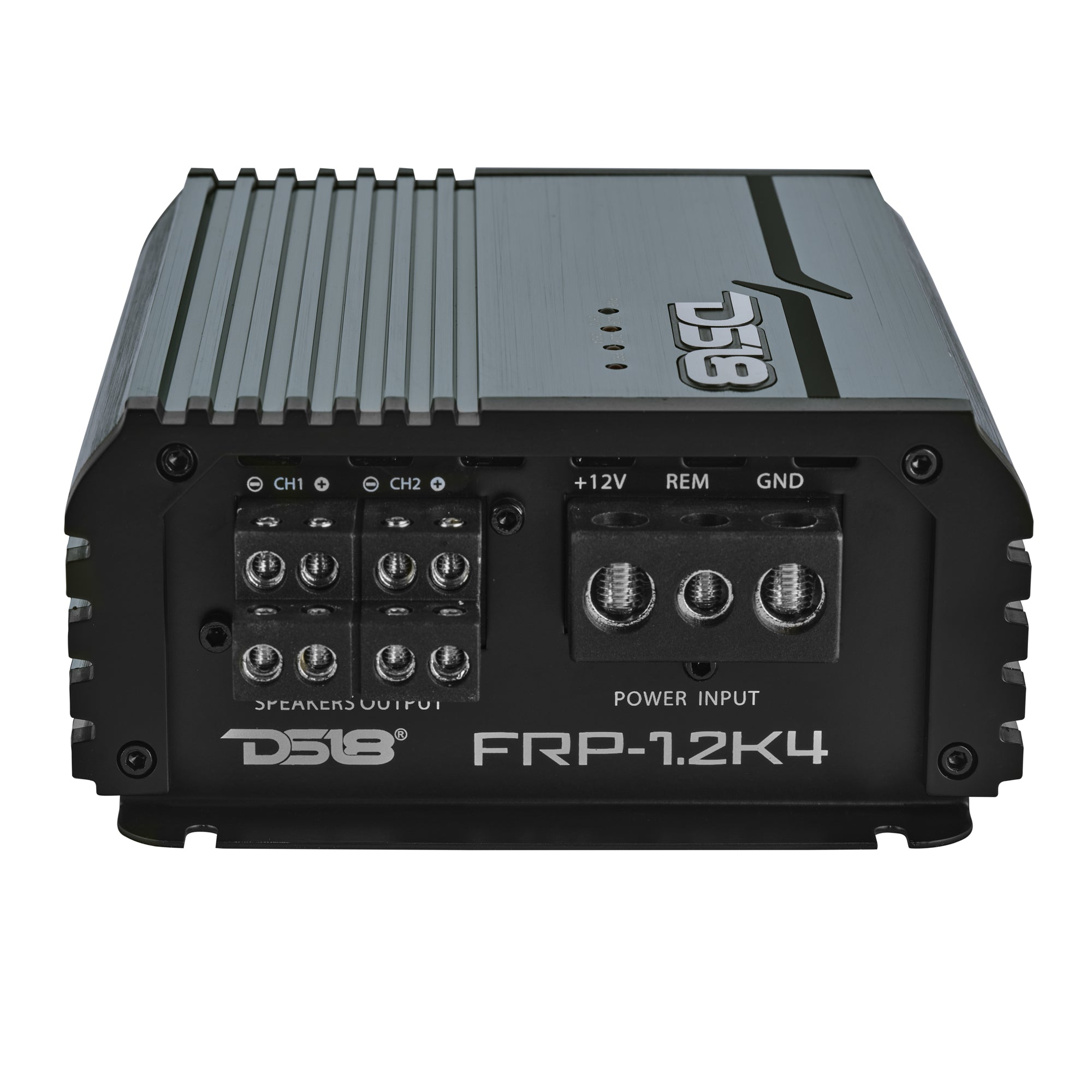 DS18 FRP-1.2K4 amplifier, titanium finish, right side view showing crossover and gain controls