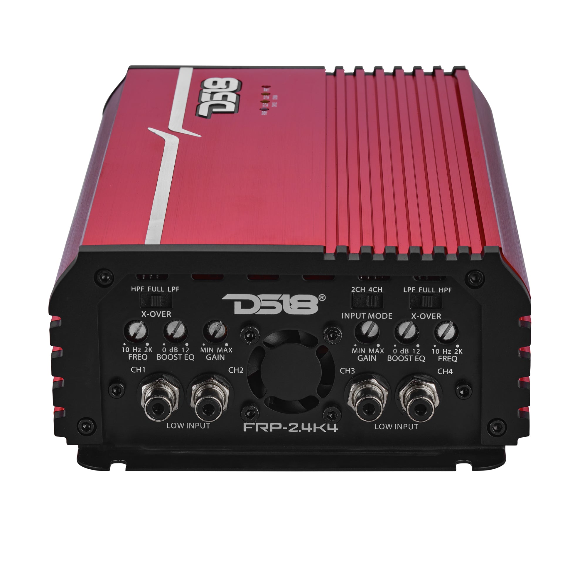 DS18 FRP-2.4K4 amplifier, red finish, right side view showing crossover and gain controls