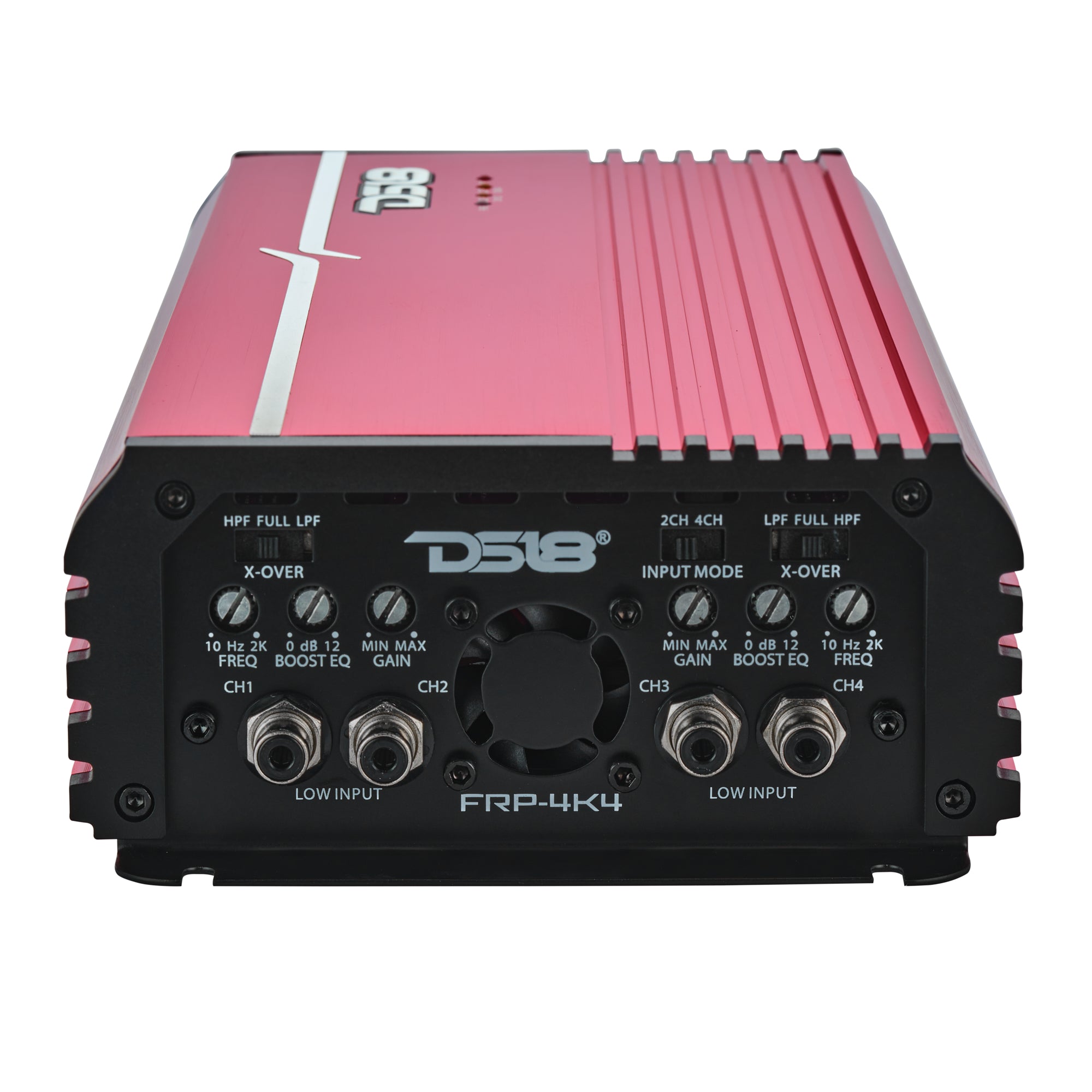 DS18 FRP-4K4 amplifier, red finish, left side view showing crossover and gain controls