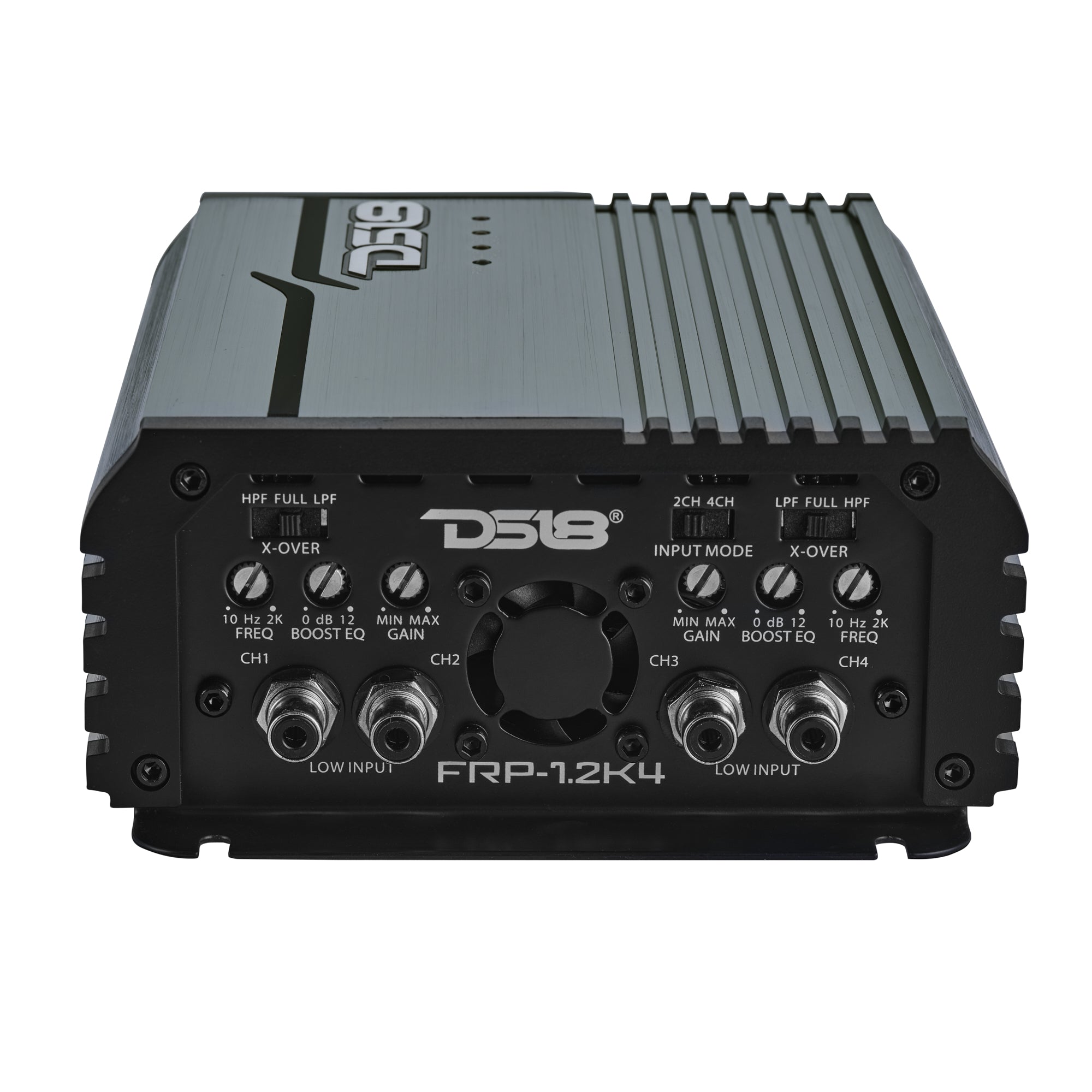 DS18 FRP-1.2K4 amplifier, titanium finish, left side view showing power and speaker terminals