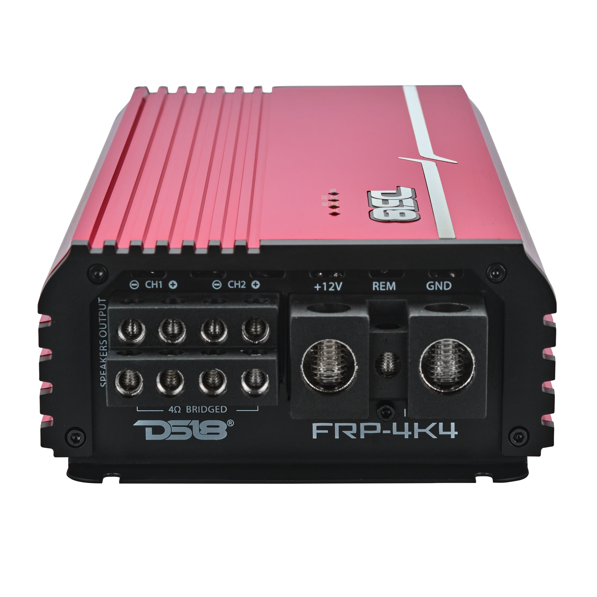 DS18 FRP-4K4 amplifier, red finish, right side view showing power and speaker terminals