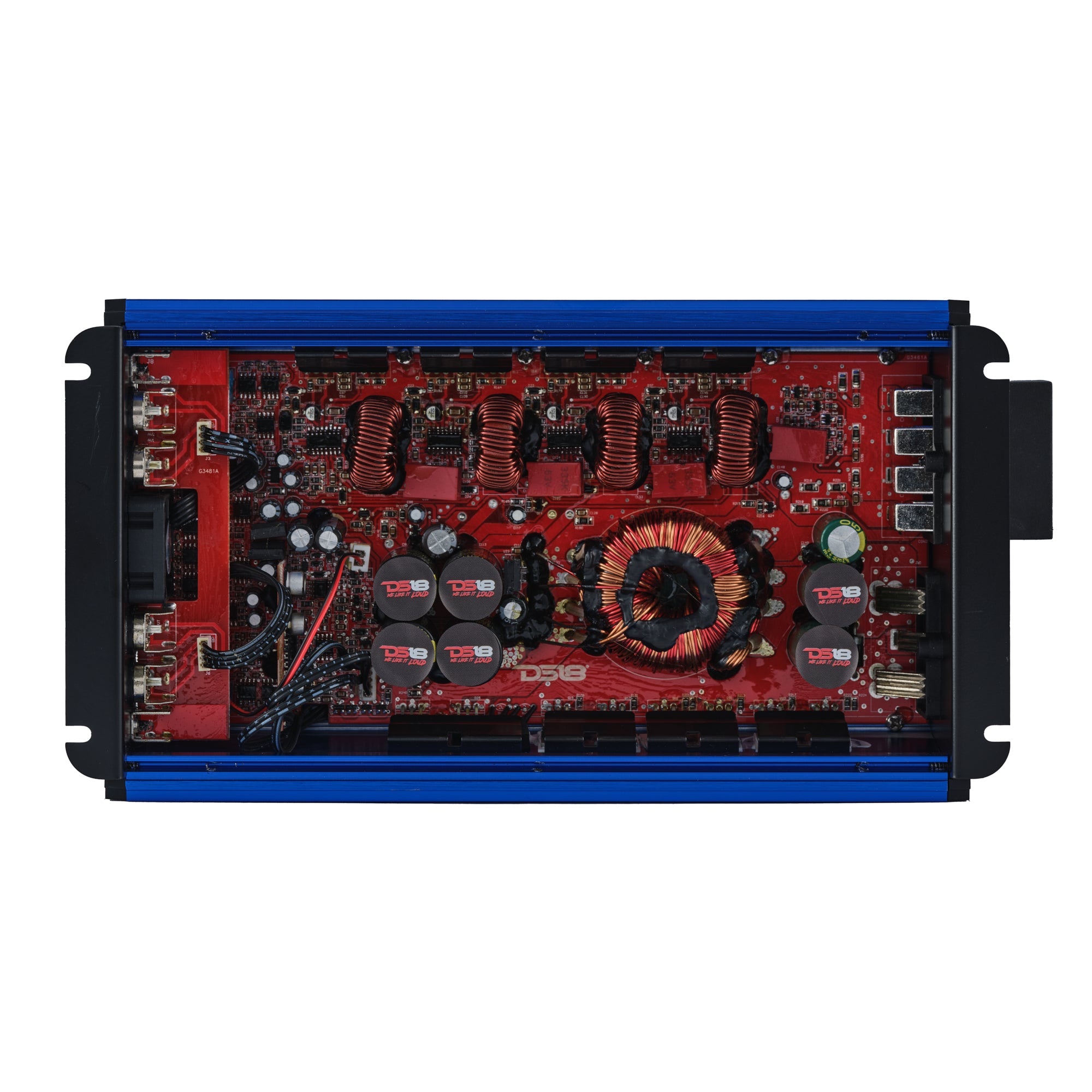 DS18 FRP-2.4K4 amplifier, blue finish, back panel view