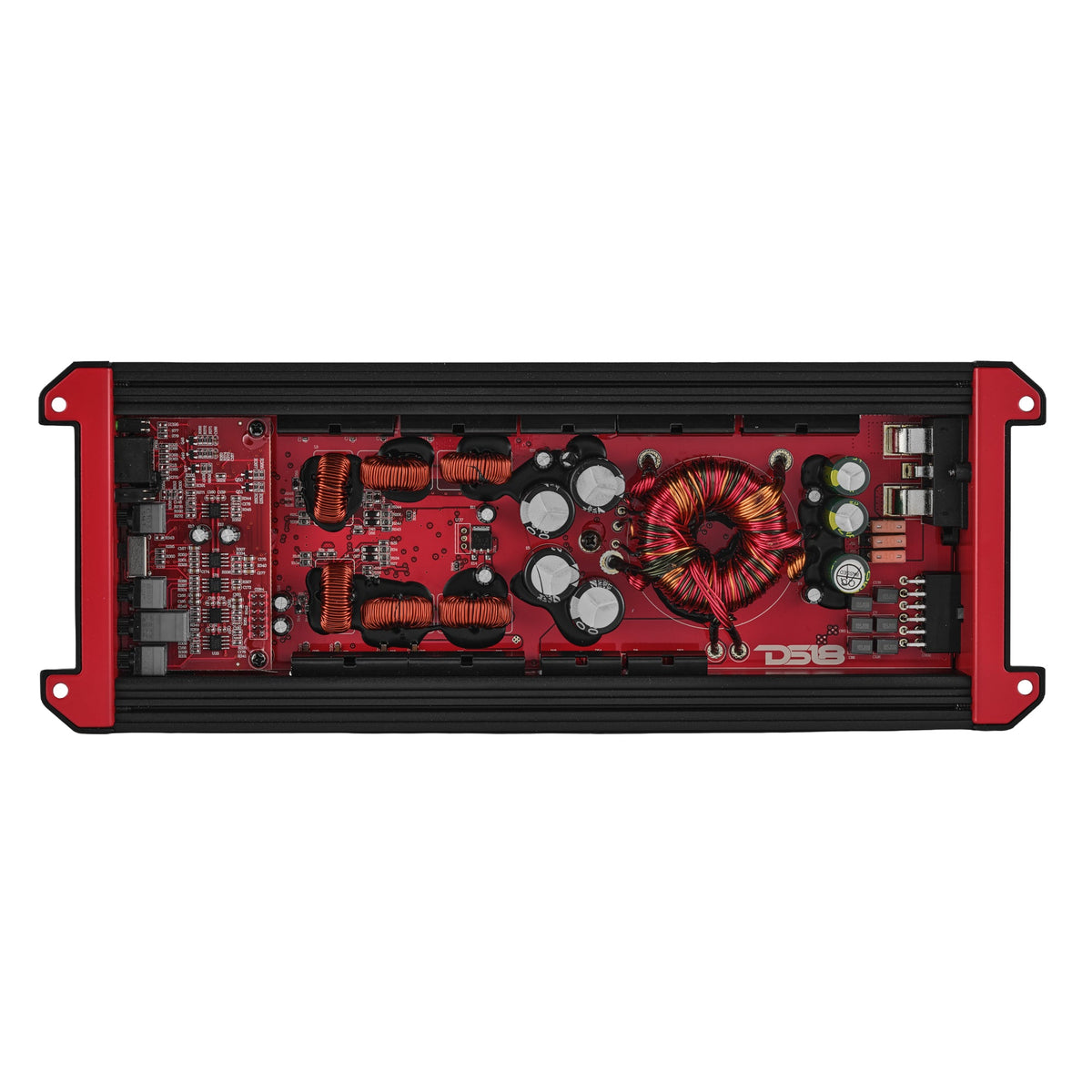 DS18 G3600.6D amplifier rear panel showing 4ga power terminals and speaker outputs