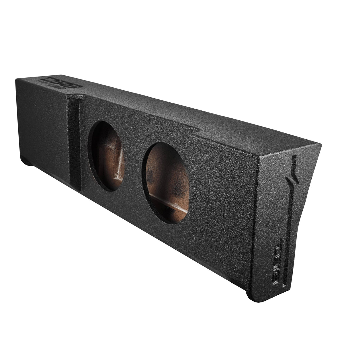 DS18 EBM-DFPFORDDLX-2X10 enclosure three-quarter view showing both 10-inch cutouts and the tapered end