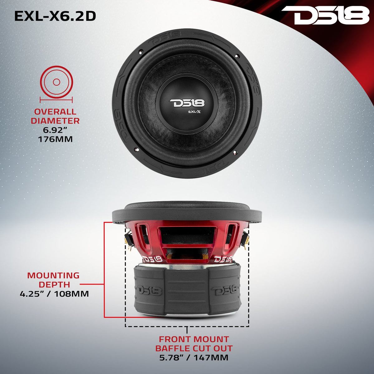 DS18 EXL-X6.2D 6.5 inch subwoofer — mounting depth and cutout dimensions diagram