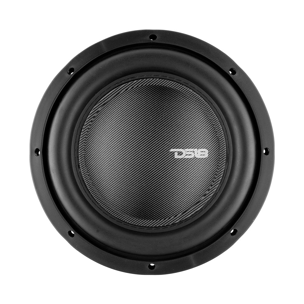DS18 IXS10 shallow-mount subwoofer front view showing paper cone and fiberglass dust cap