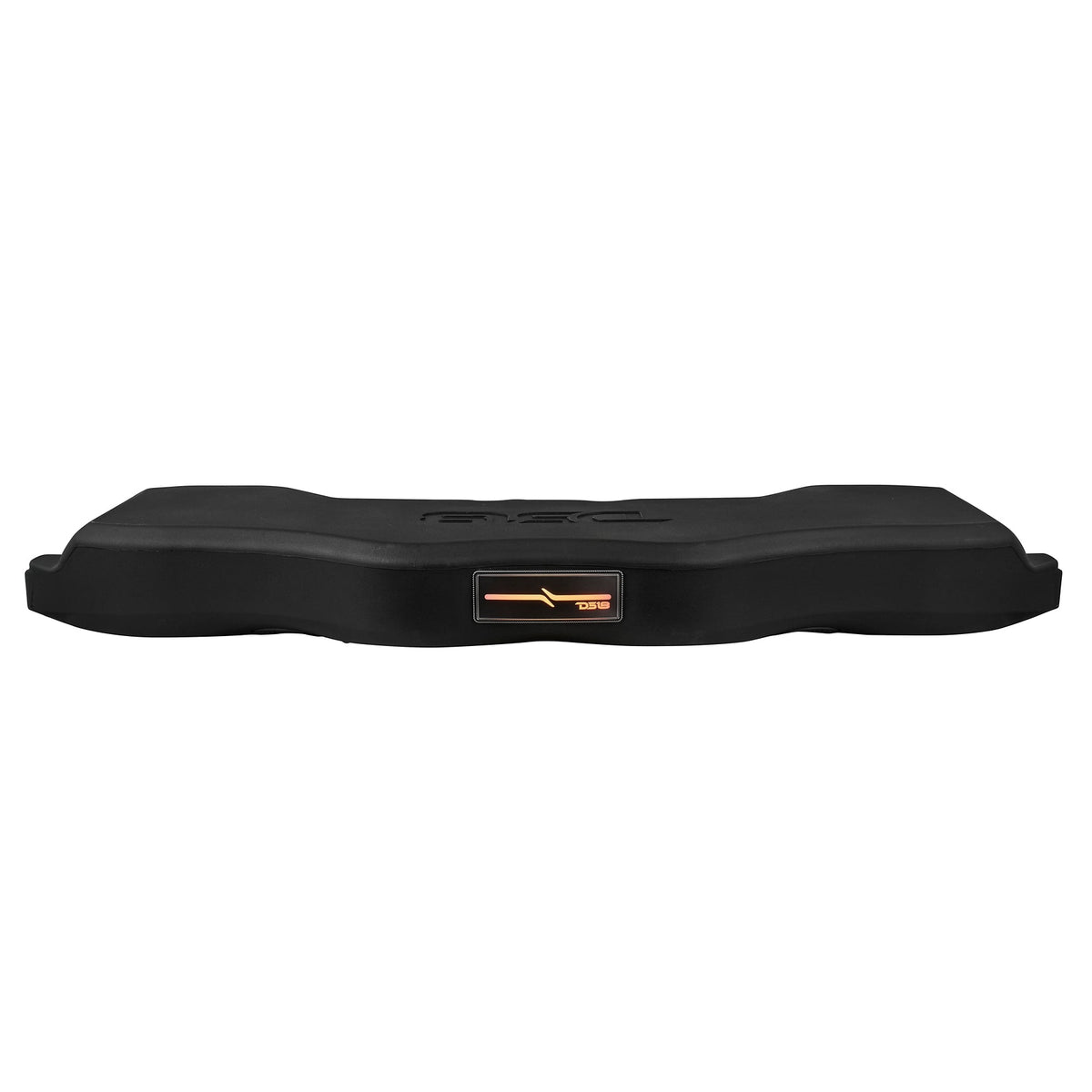 DS18 JL24-SBAR/BK sound bar top edge with the digital LED logo badge lit orange