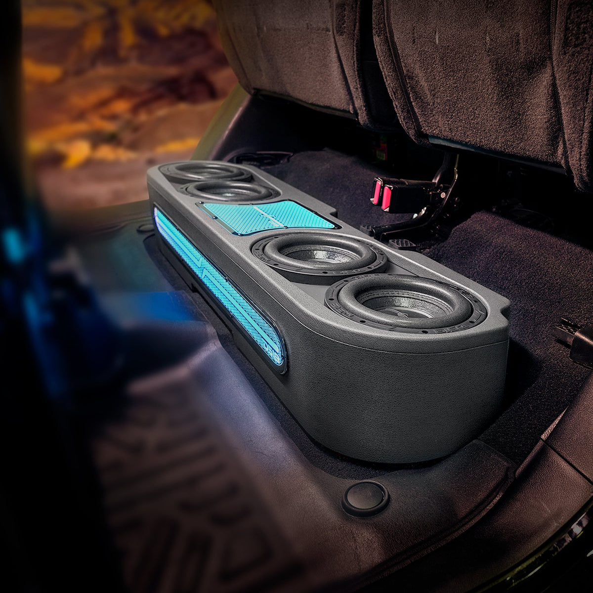 DS18 JT-S84LD enclosure installed under the rear seat of a Jeep Gladiator