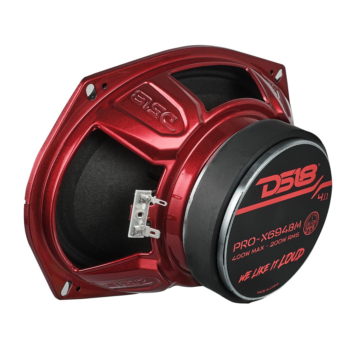 DS18 PRO-X694BM rear view showing ferrite magnet and red steel basket