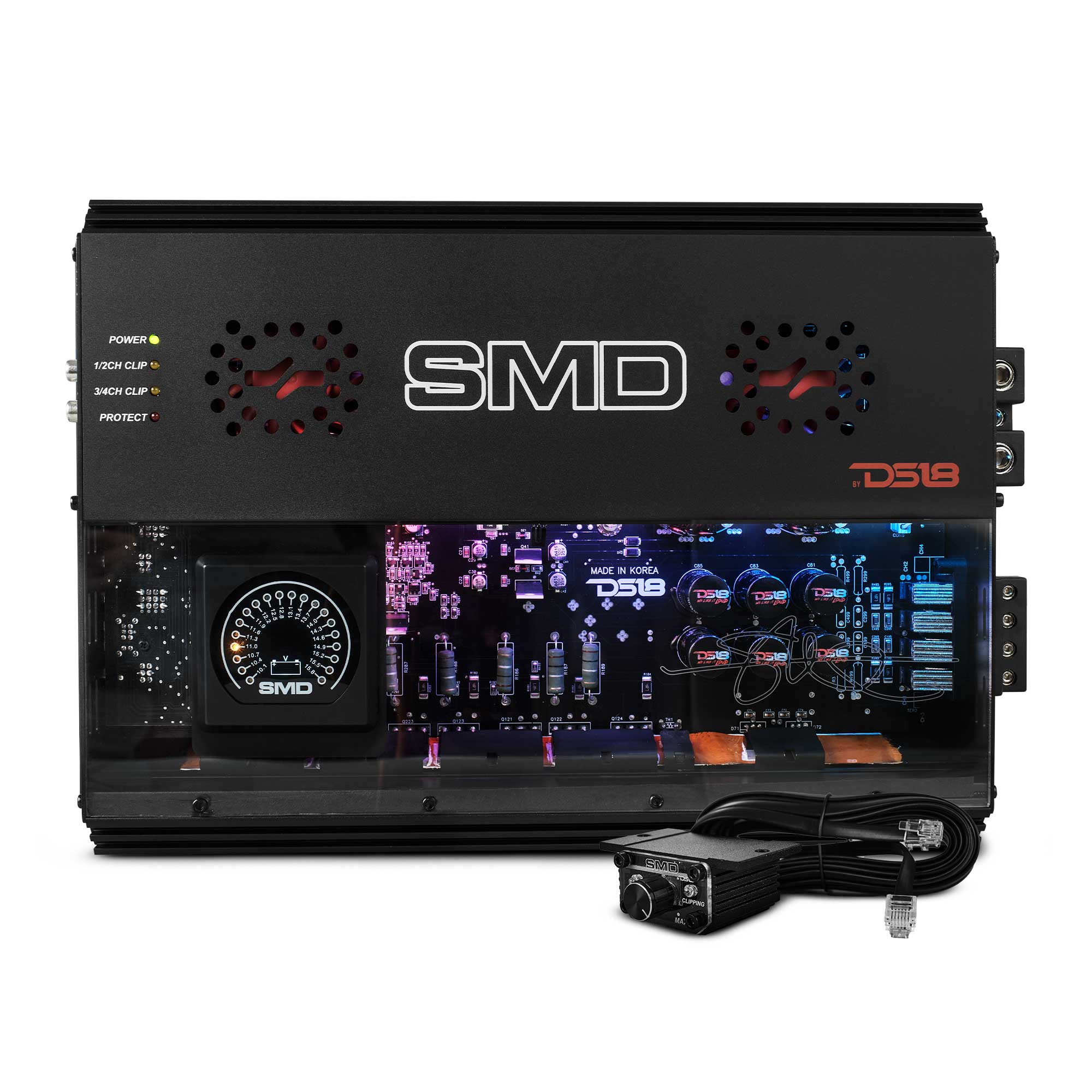 DS18 SMD-300.4AB 4-channel Class AB amplifier with VM-1 voltmeter and acrylic window