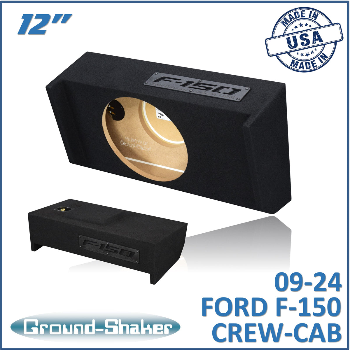 Ground Shaker GS-DF150112B single 12 inch sealed sub box for 09-26 Ford F-150 Crew Cab, front view