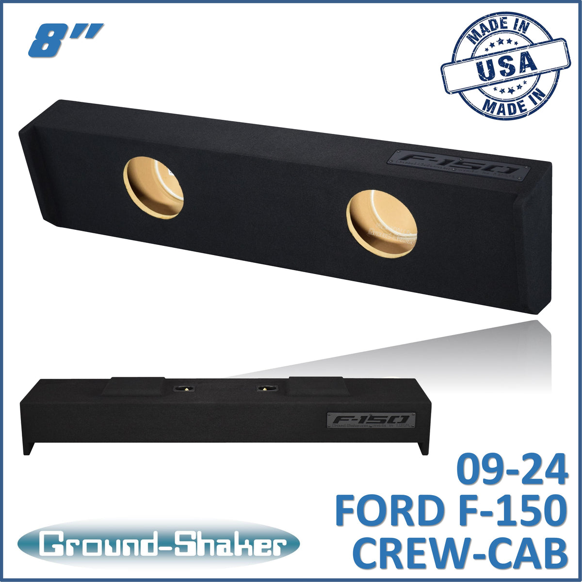 Ground Shaker GS-DF15028B dual 8-inch sealed subwoofer enclosure for Ford F-150 crew cab, shown in angled and profile view