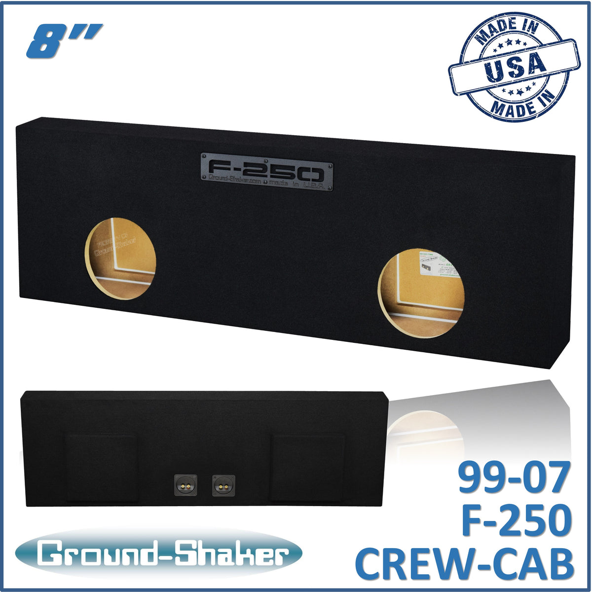 Ground Shaker dual 8 inch sealed subwoofer enclosure for 99-07 Ford F-250 Crew Cab, front view