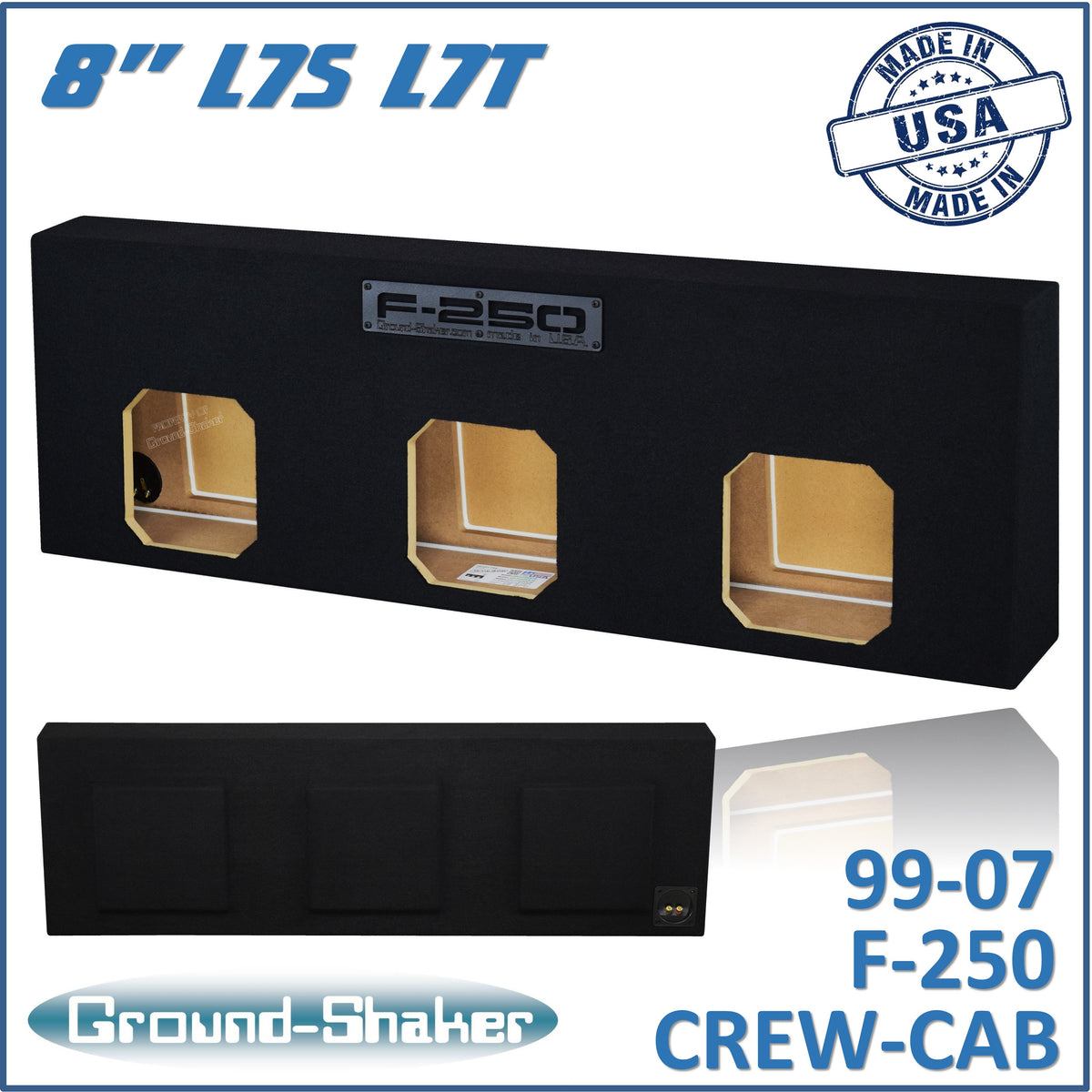 Ground Shaker triple 8 inch sealed Solo-Baric-style sub box for 99–07 Ford F-250 Crew Cab, front view