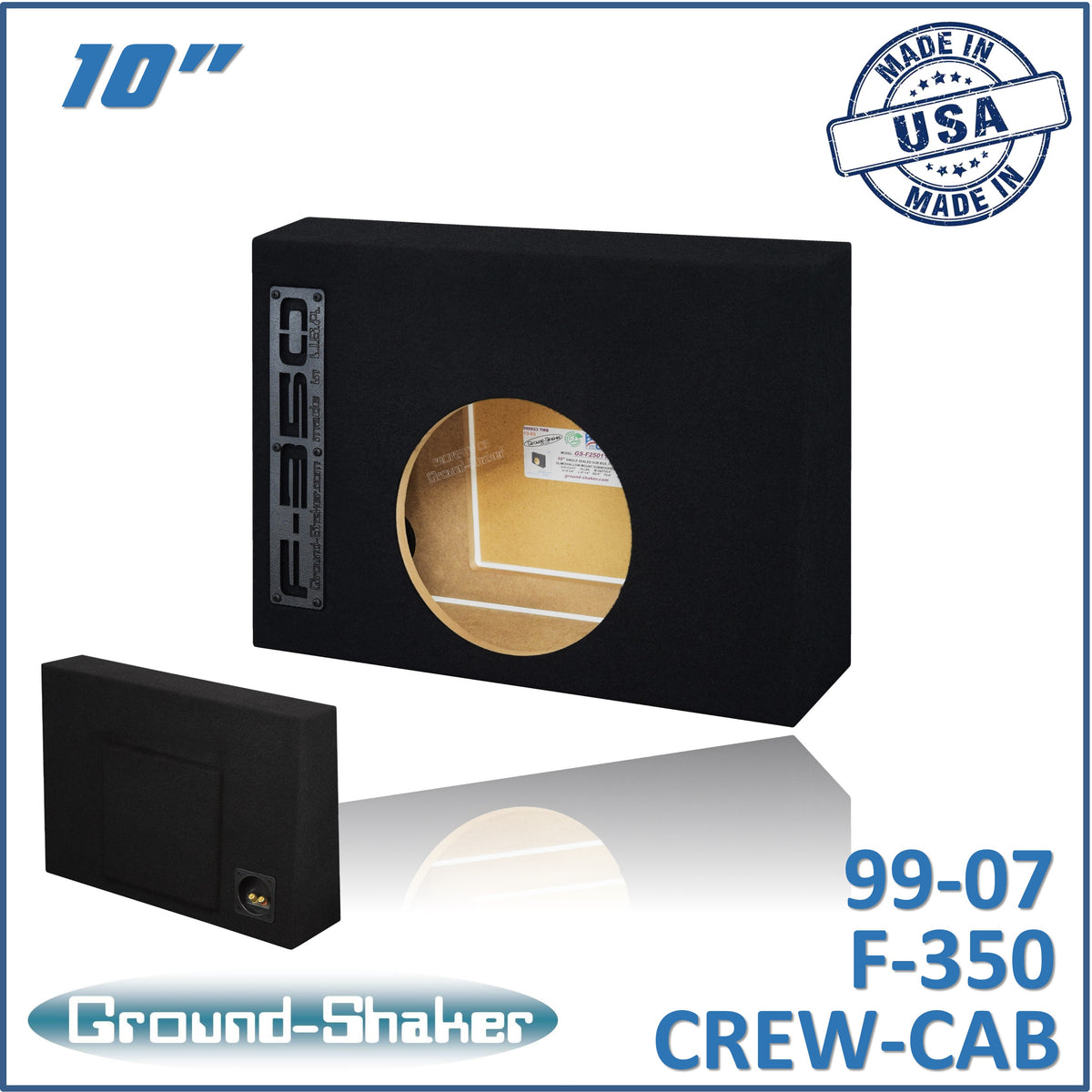 Ground Shaker single 10 inch sealed sub box for 99-07 Ford F-350 Crew Cab, front view