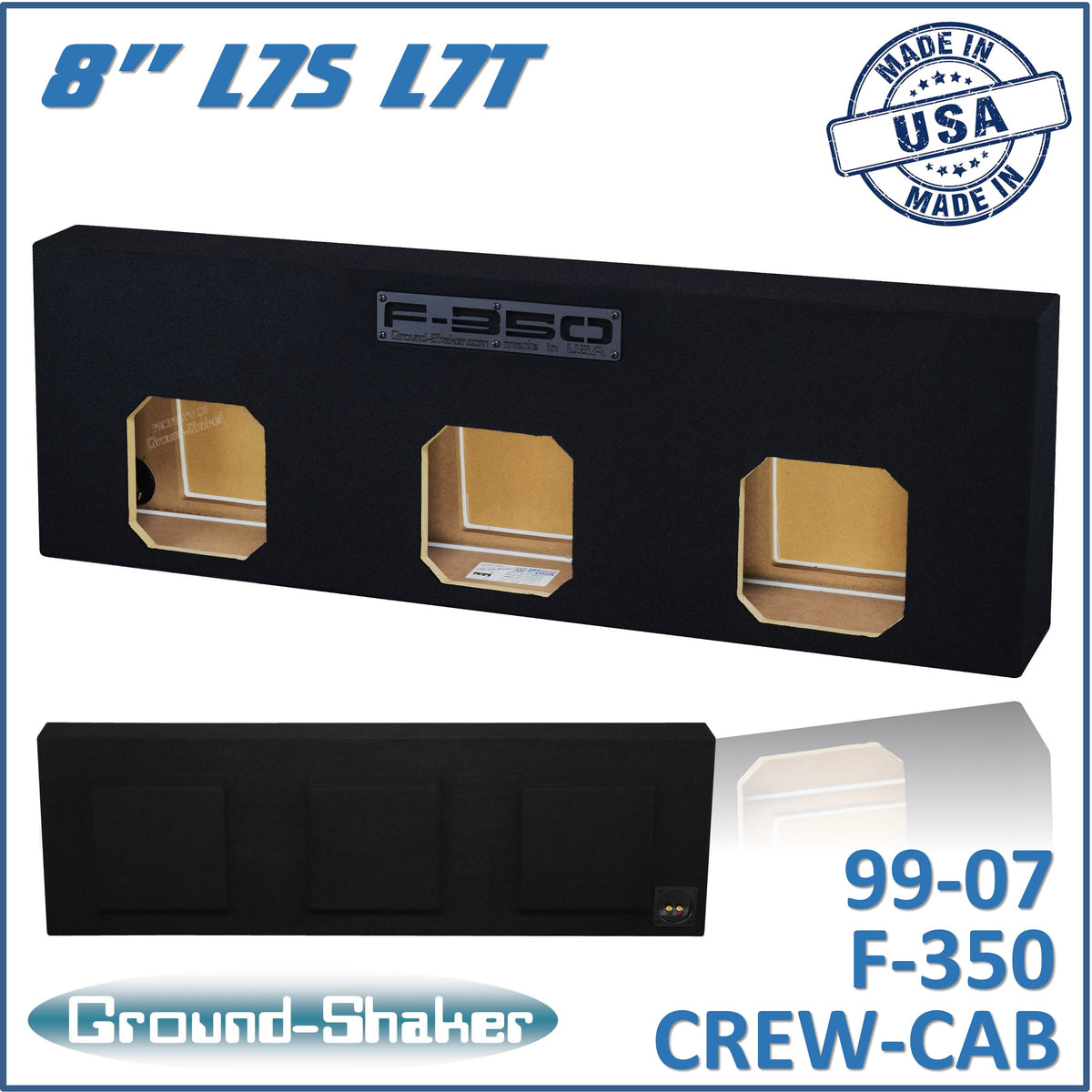 Ground Shaker GS-F350KK38B triple 8-inch sealed Solo-Baric-style sub box for 99–07 Ford F-350 Crew Cab, front view