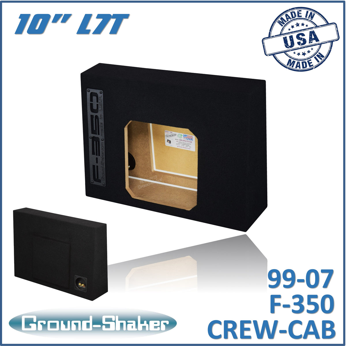 Ground Shaker GS-F350L7T110B 10-inch single sealed L7T sub box for 99–07 Ford F-350 Crew Cab, front view