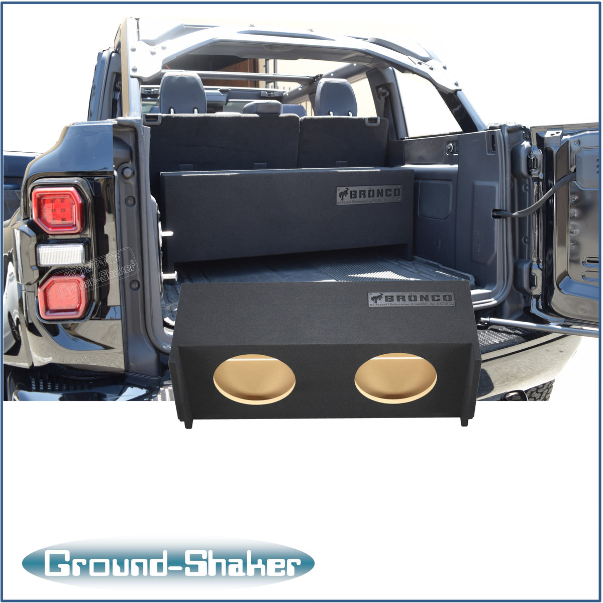 Ground Shaker GS-FB212B enclosure installed behind Ford Bronco rear seat