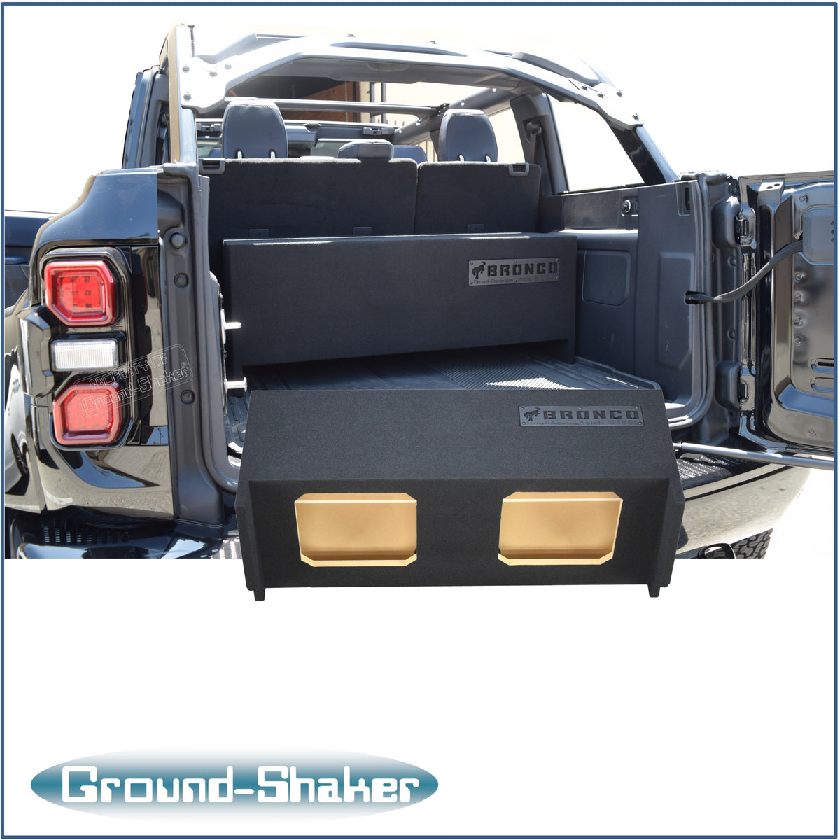 Ground Shaker GS-FBKK212B enclosure installed behind Ford Bronco rear seat