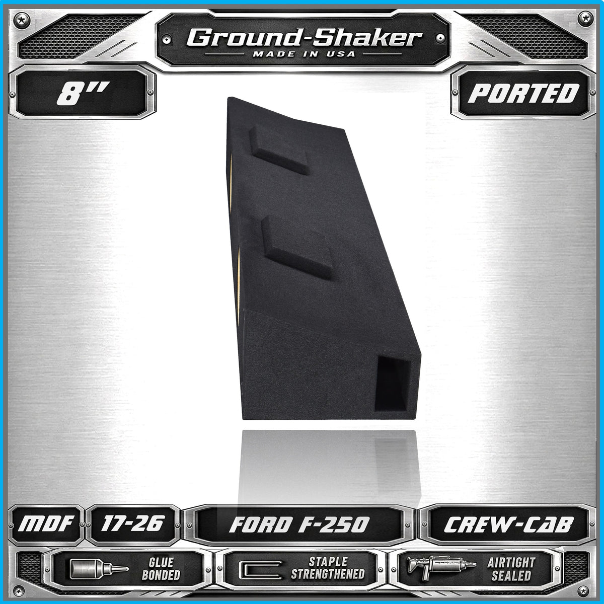 Dual 8 inch ported enclosure for 17–26 Ford F-250 Crew Cab, angle view