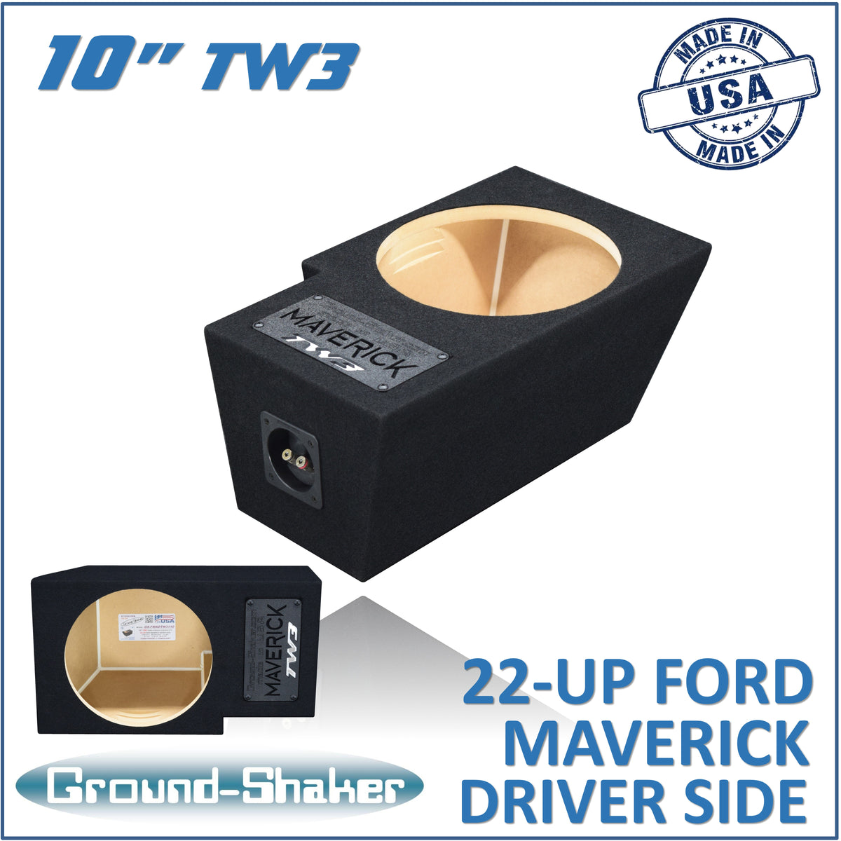 Ground Shaker GS-FMADTW3110B single 10 inch TW3 sealed subwoofer box for 22-27 Ford Maverick driver side