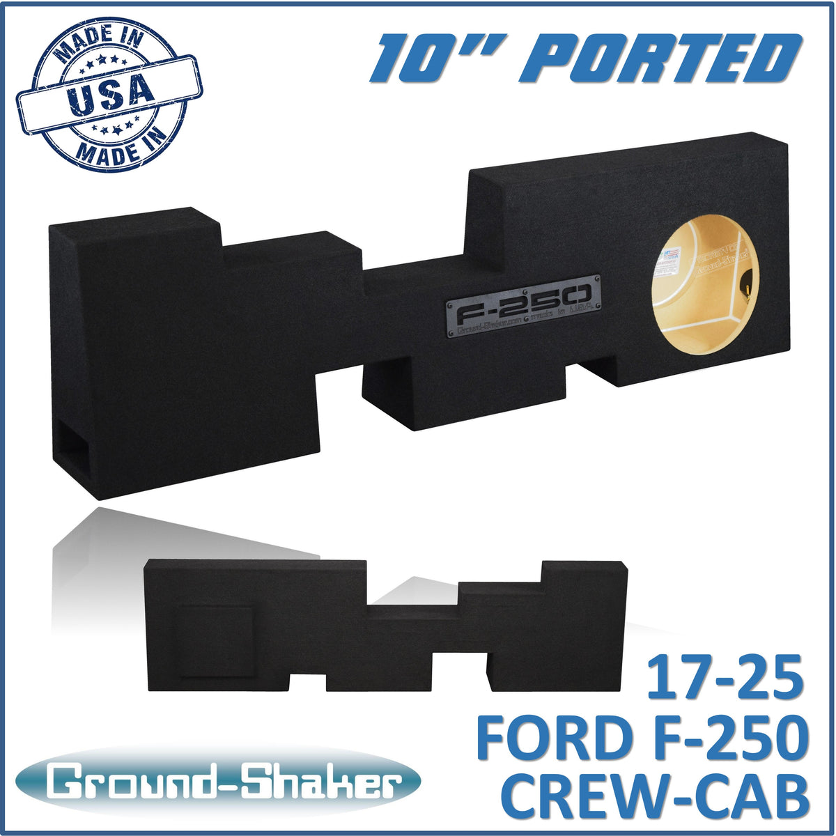 Ground Shaker 10 inch single ported subwoofer enclosure for 17-26 Ford F-250 Crew Cab, front view