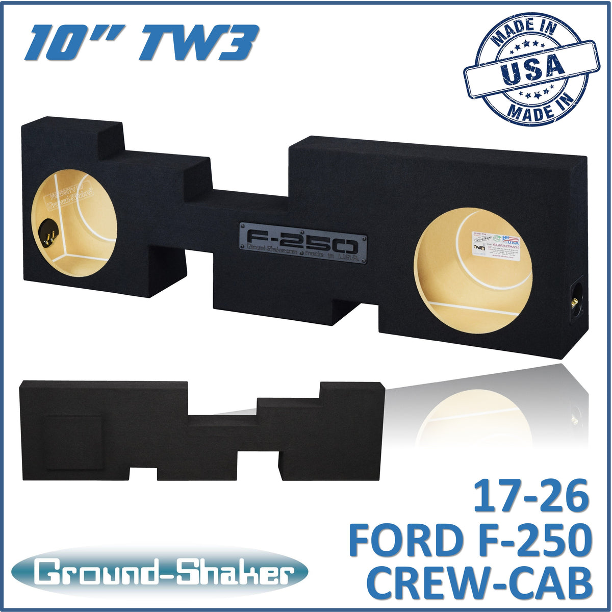 Ground Shaker GS-GF250TW3210B dual 10 inch TW3 sealed subwoofer enclosure for 17-26 Ford F-250 Crew Cab, front view