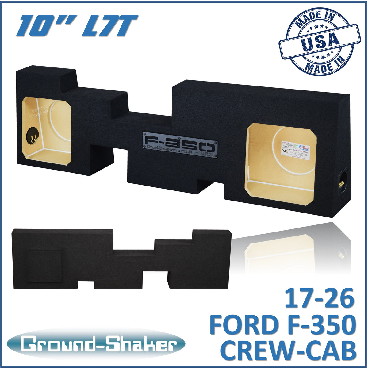 Ground Shaker GS-GF350L7T210B dual 10 inch sealed L7T subwoofer enclosure for 17-26 Ford F-350 Crew Cab, front view