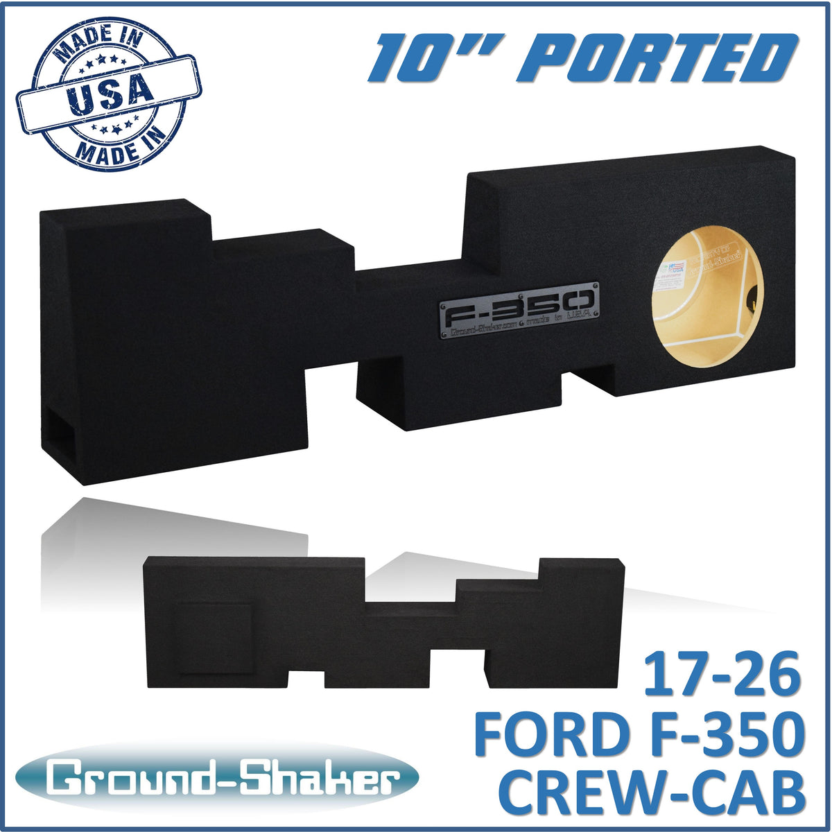 Ground Shaker GS-GF350P110B single 10 inch ported subwoofer enclosure for 17-26 Ford F-350 Crew Cab, front view