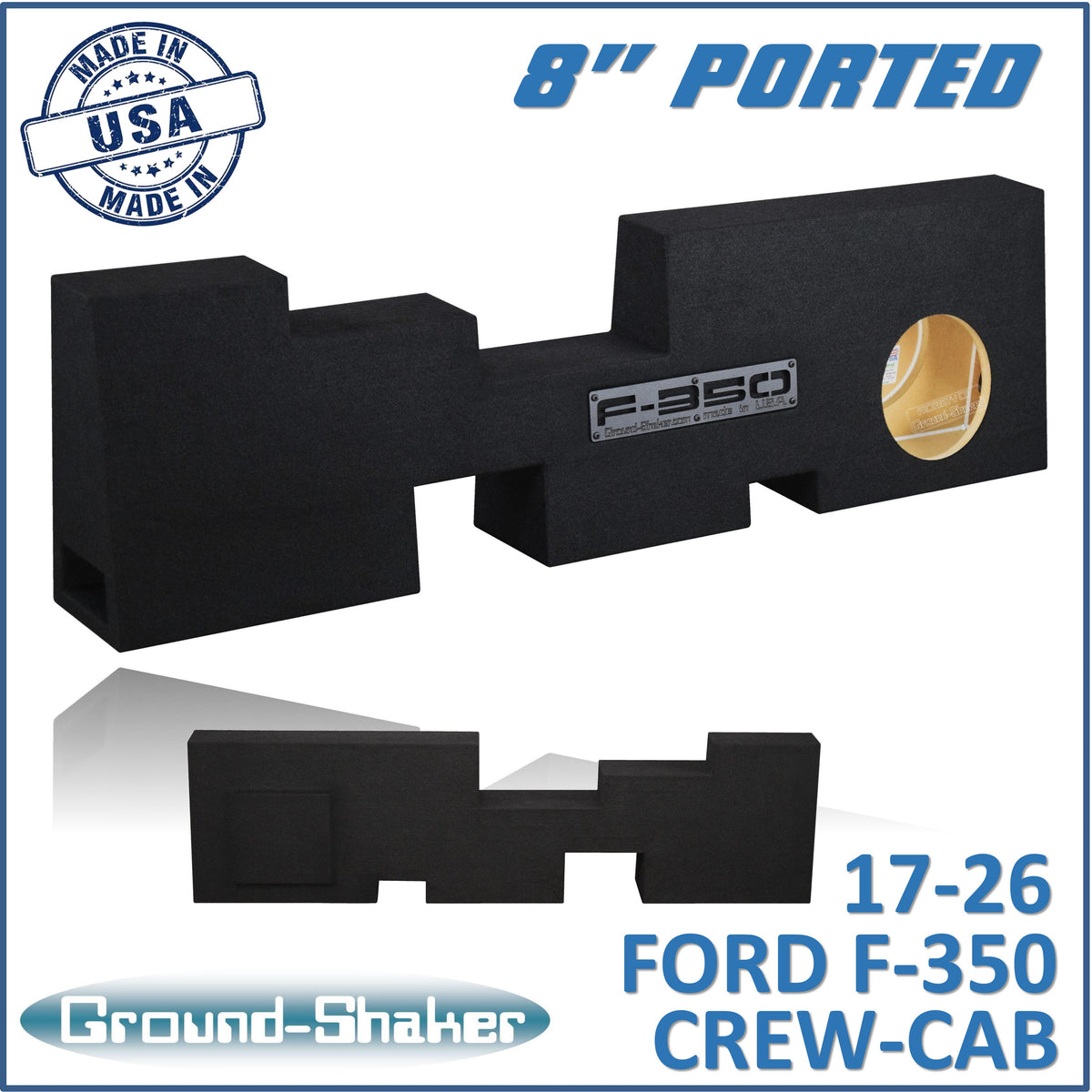Ground Shaker GS-GF350P18B single 8 inch ported subwoofer enclosure for 17-26 Ford F-350 Crew Cab, front view