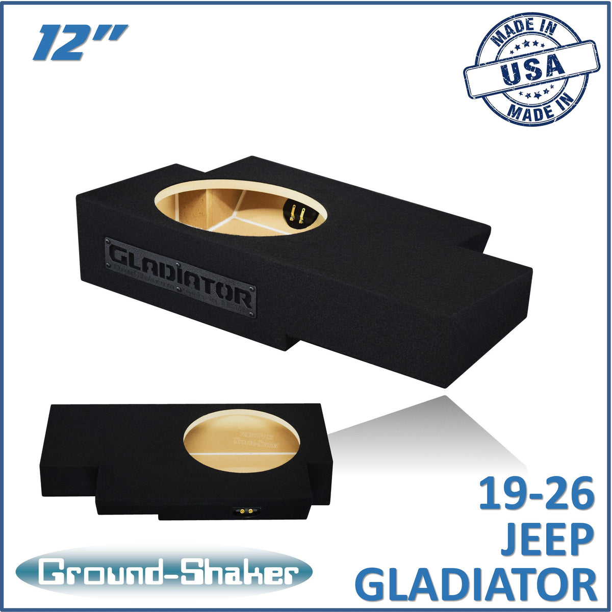 Ground Shaker GS-JPG112B carpeted subwoofer enclosure for the 2019–2026 Jeep Gladiator