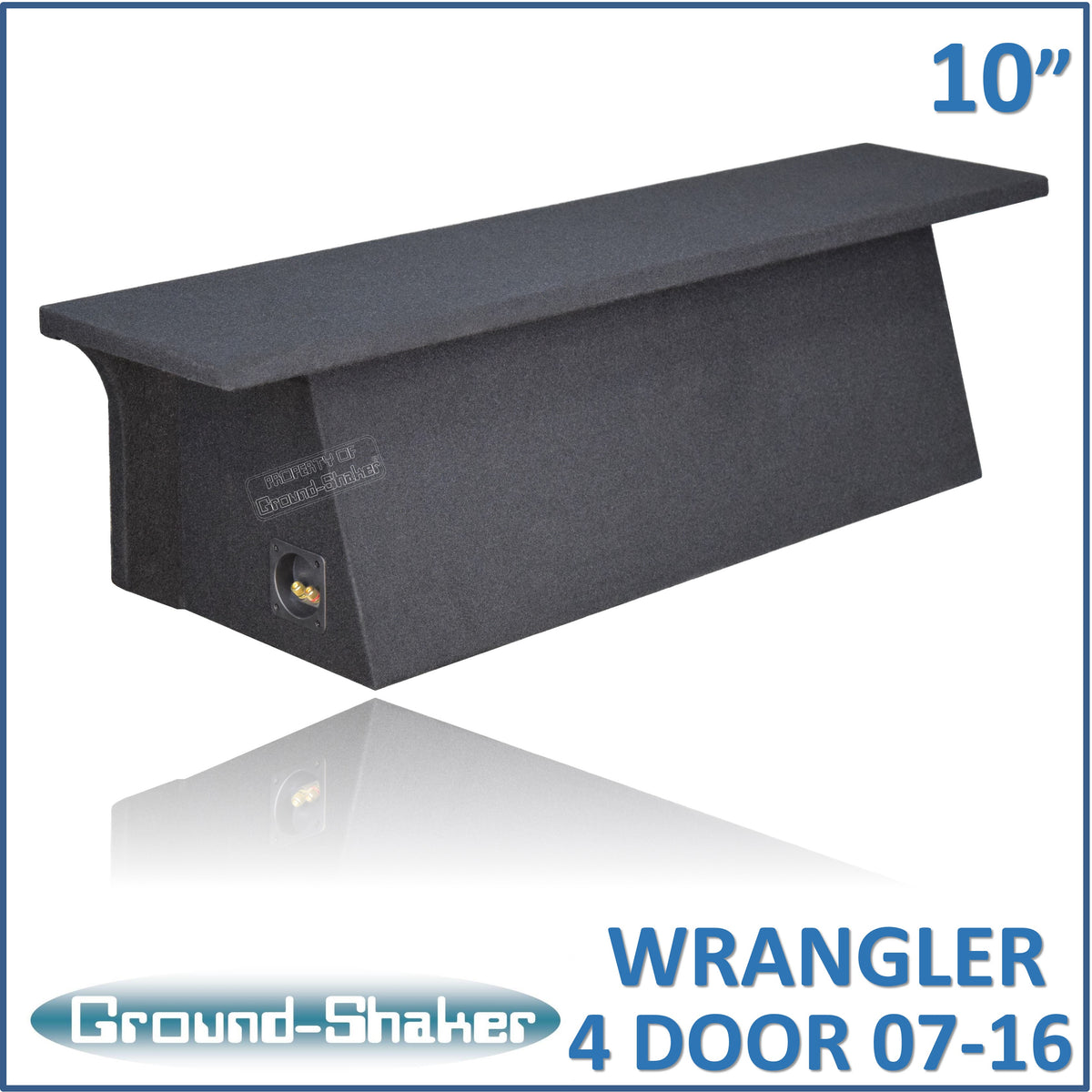 Ground Shaker GS-JPW4D210B carpeted subwoofer enclosure for the 2007–2022 Jeep Wrangler Unlimited (4-door), alternate angle