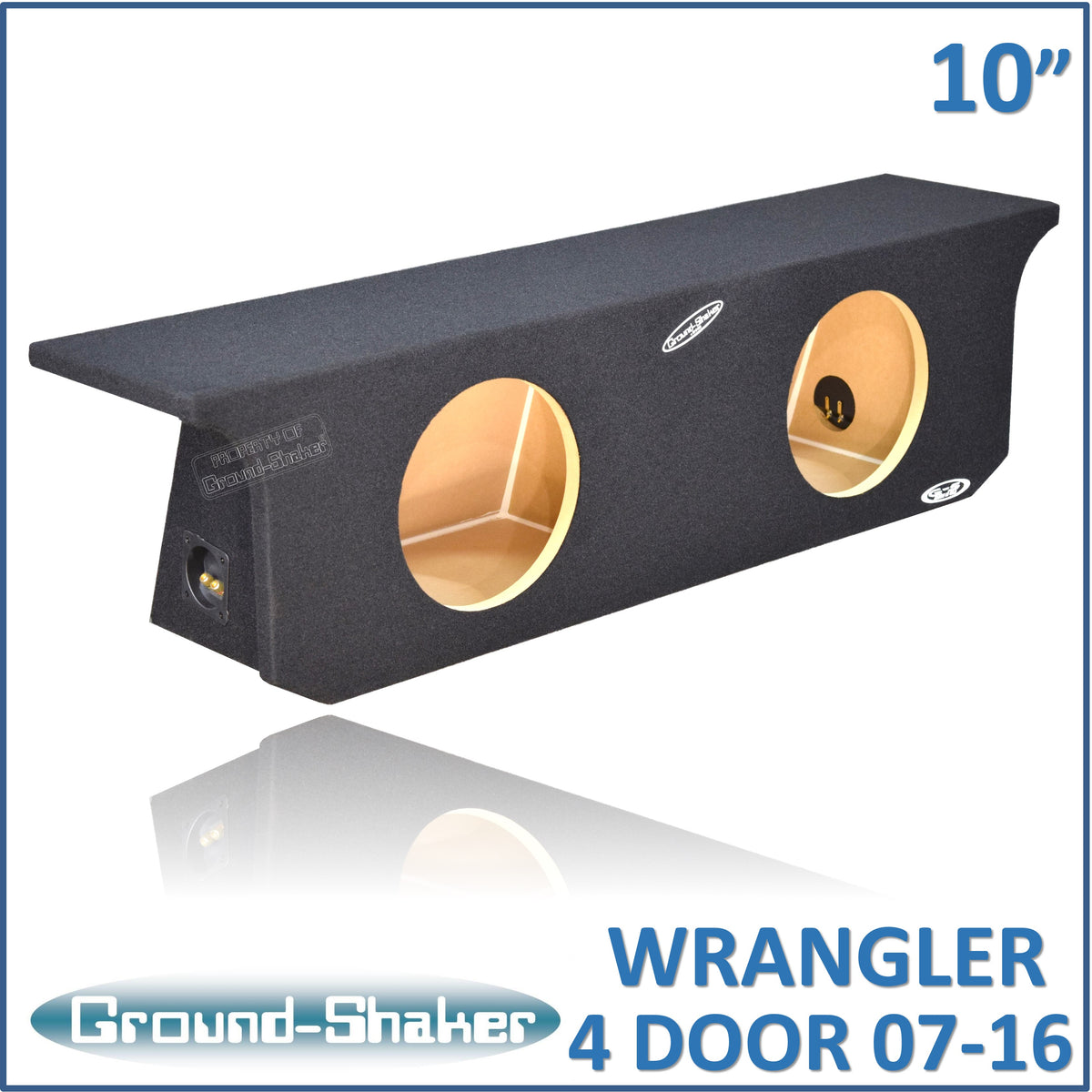 Ground Shaker GS-JPW4D210B carpeted subwoofer enclosure for the 2007–2022 Jeep Wrangler Unlimited (4-door), alternate angle