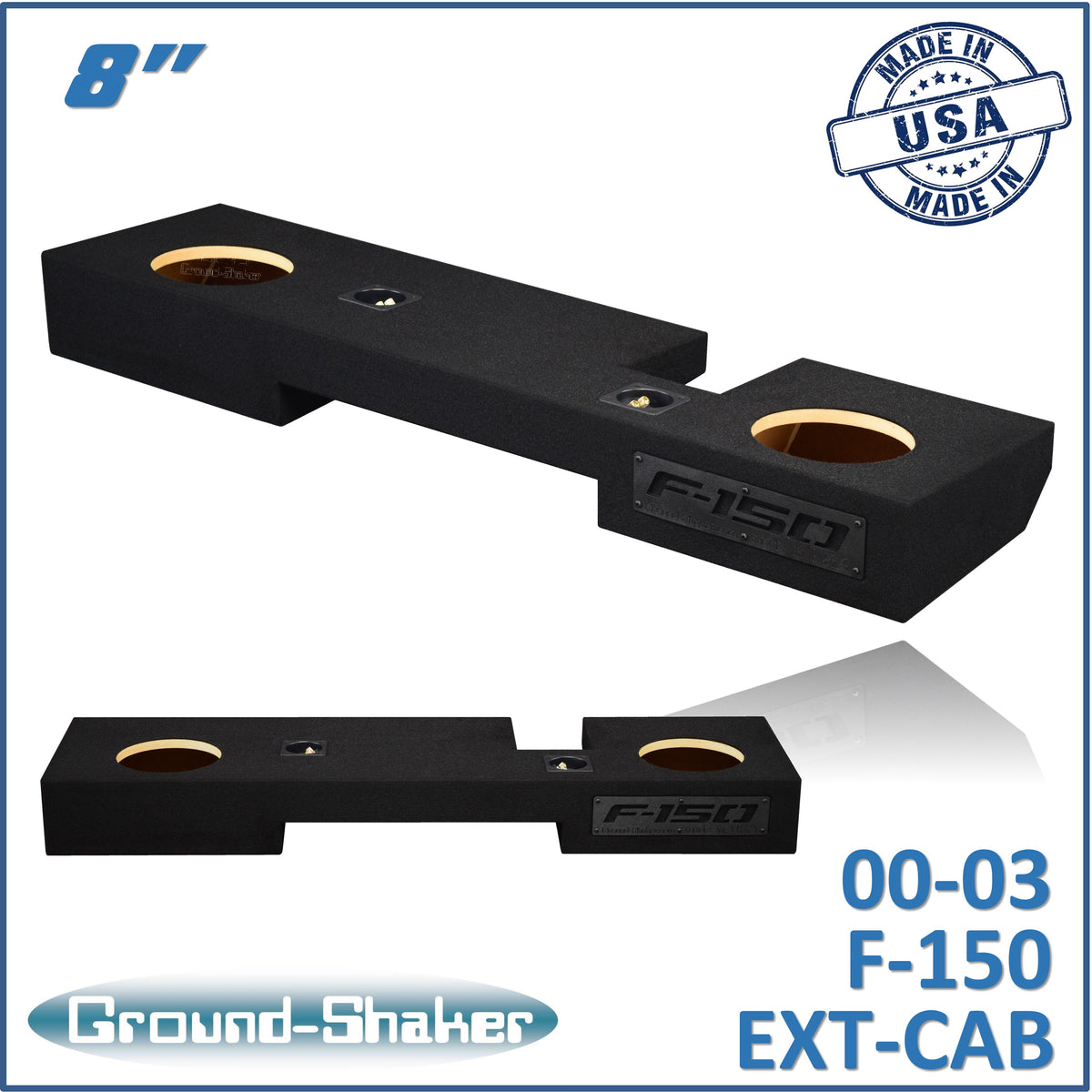 Ground Shaker GS-NF15028B dual 8-inch sealed subwoofer enclosure for Ford F-150 extended cab, shown in angled and profile view