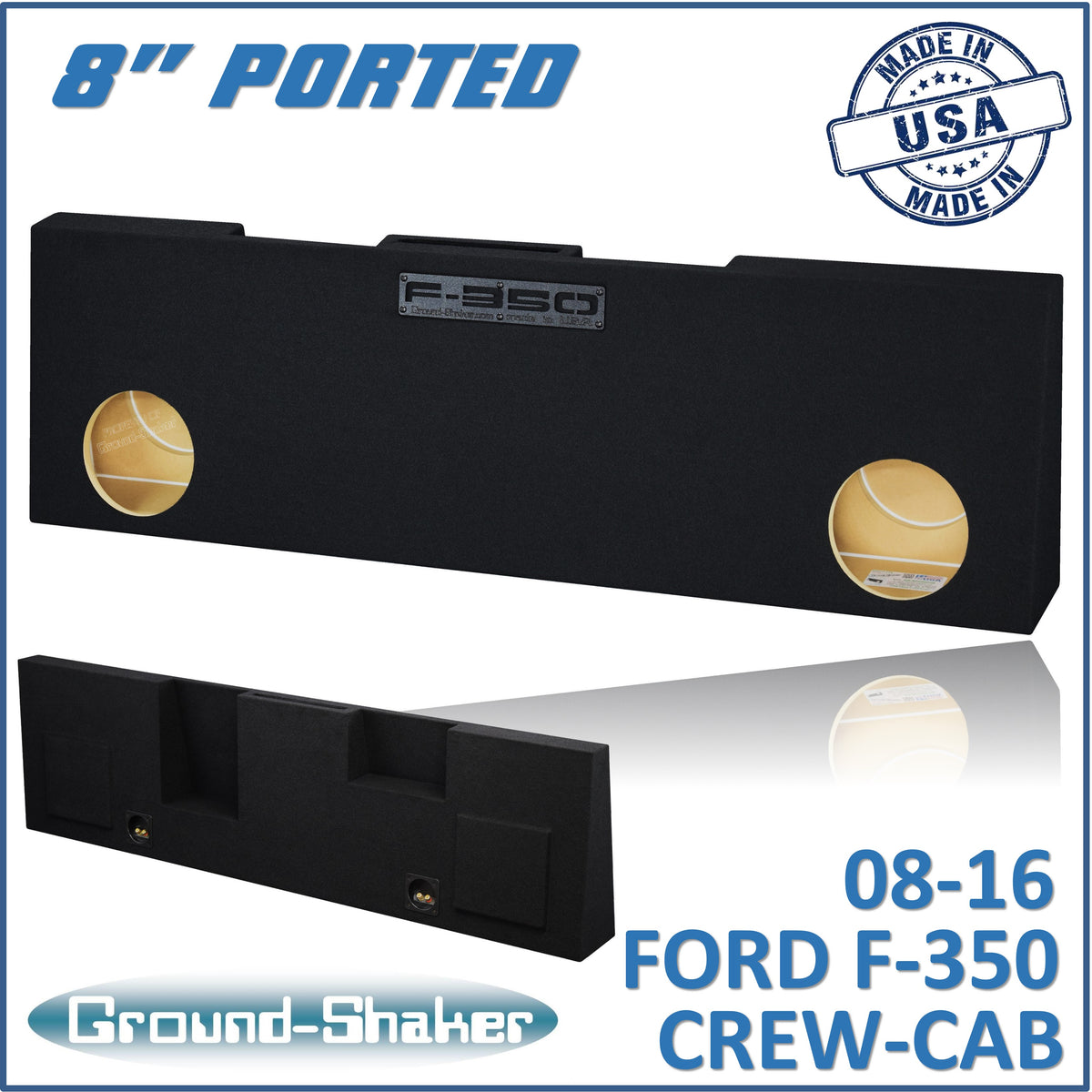 Ground Shaker GS-RF350P28B dual 8 inch ported subwoofer enclosure for 08-16 Ford F-350 Crew Cab, front view