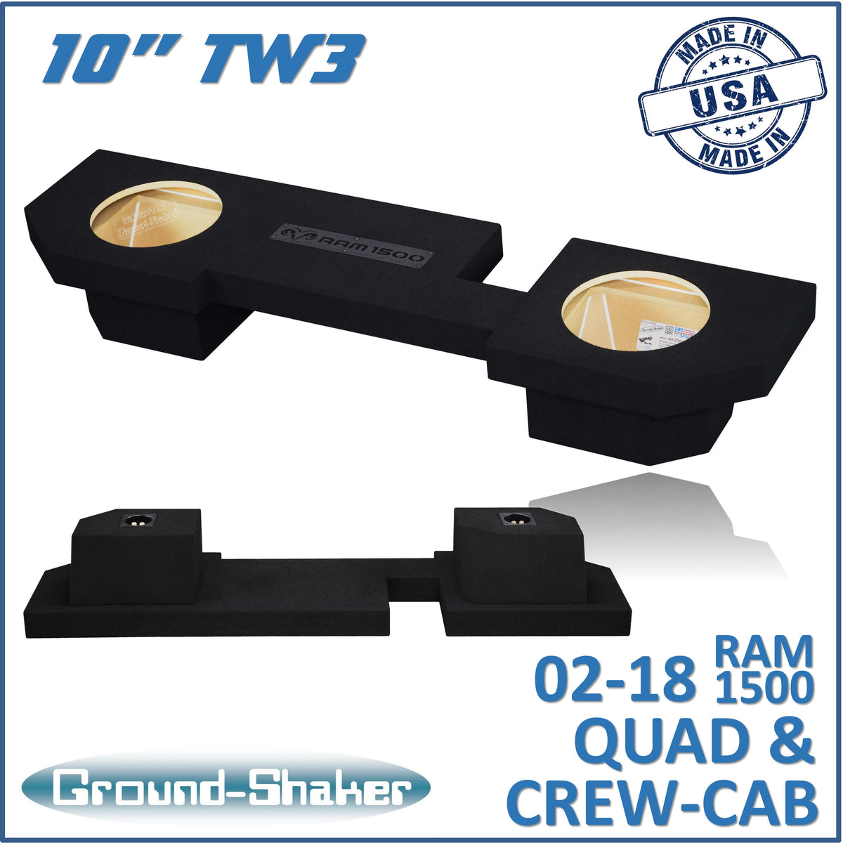 Ground Shaker GS-ZDG1500TW3210B subwoofer enclosure for Fits 02–18 Dodge Ram 1500 Crew Cab & Quad Cab