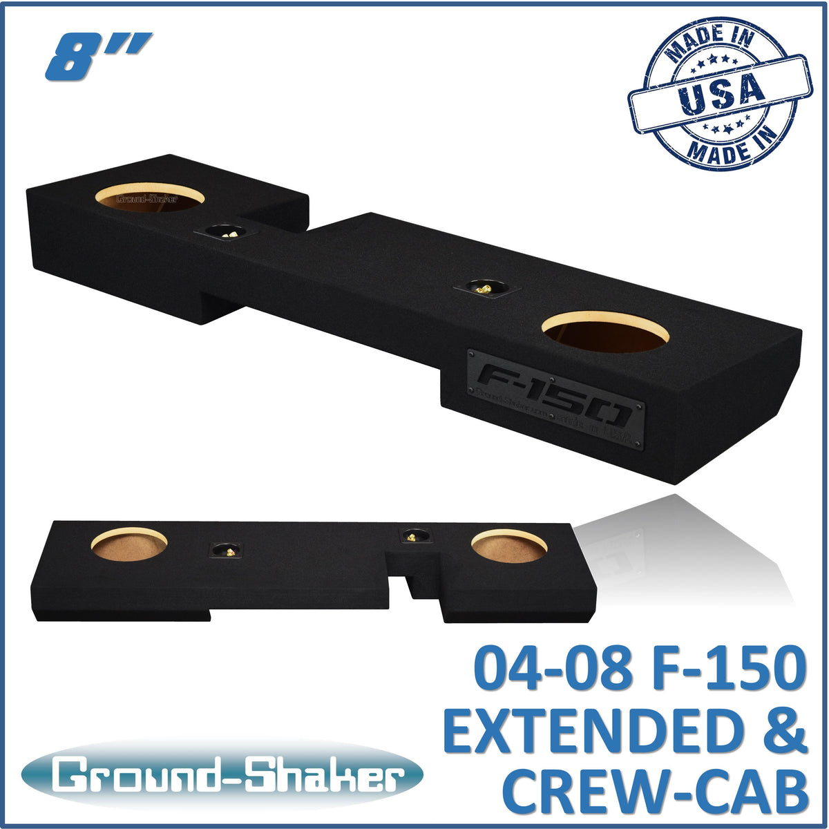 Ground Shaker GS-ZF15028B dual 8-inch sealed subwoofer enclosure for Ford F-150 extended and crew cab, shown in angled and profile view