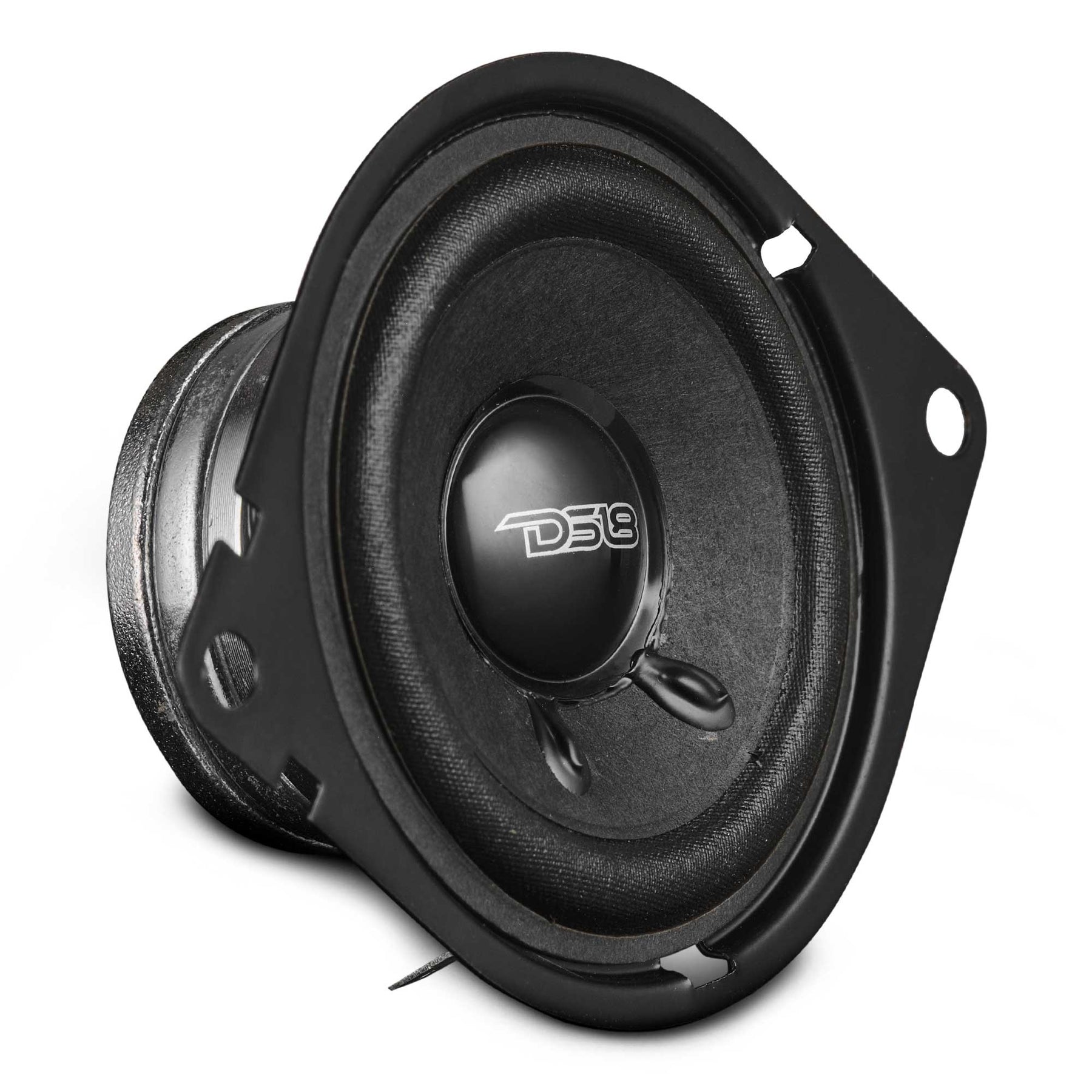 DS18 25D120NO-4 dashboard speaker angled view showing paper cone and neodymium motor