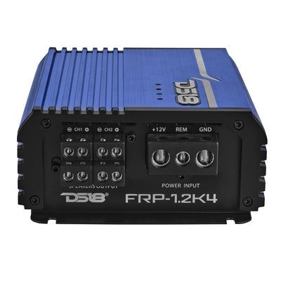 DS18 FRP-1.2K4-BL amplifier right side view showing crossover and gain controls