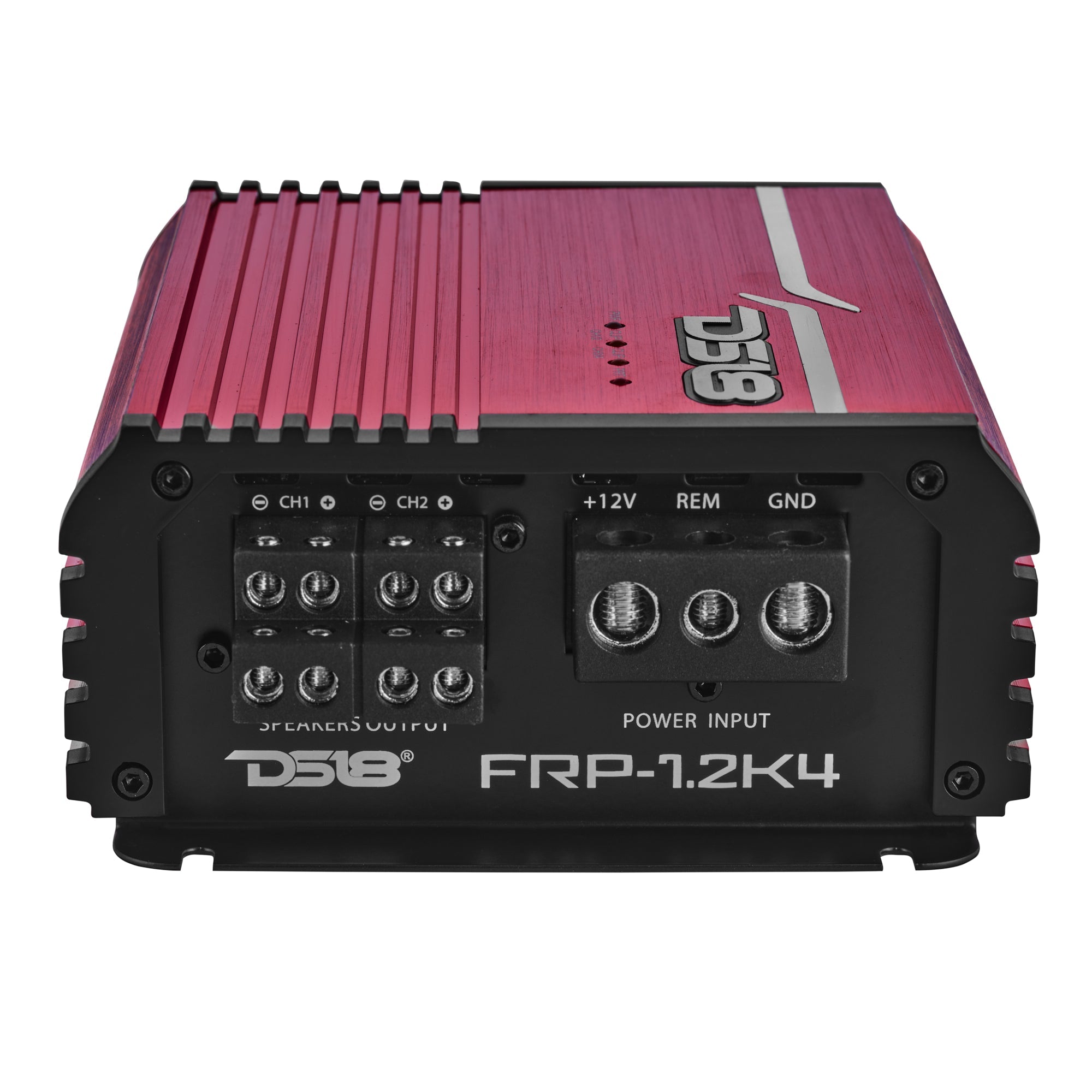 DS18 FRP-1.2K4 amplifier, red finish, right side view showing crossover and gain controls