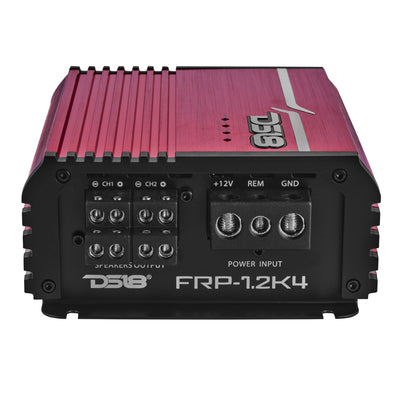 DS18 FRP-1.2K4 amplifier, red finish, right side view showing crossover and gain controls