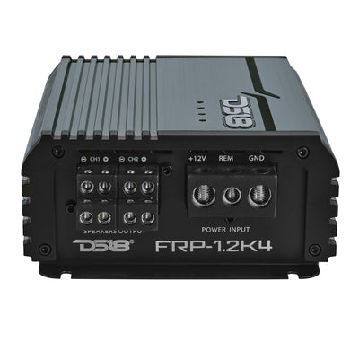 DS18 FRP-1.2K4 amplifier, titanium finish, right side view showing crossover and gain controls
