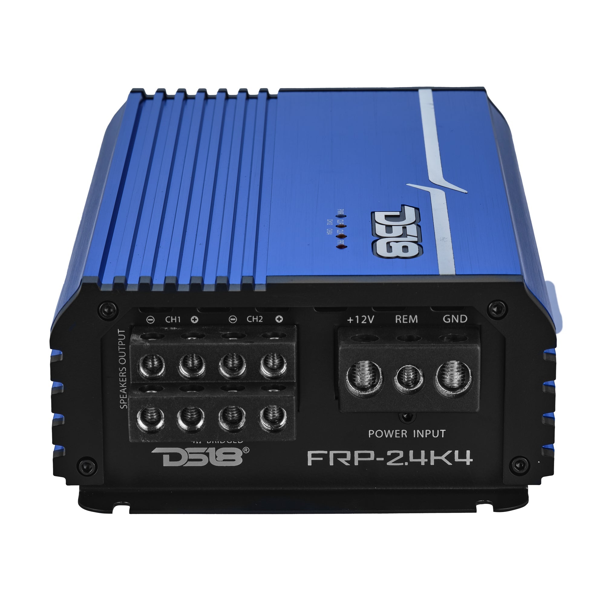 DS18 FRP-2.4K4 amplifier, blue finish, right side view showing crossover and gain controls