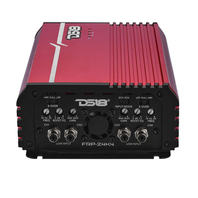 DS18 FRP-2.4K4 amplifier, red finish, right side view showing crossover and gain controls