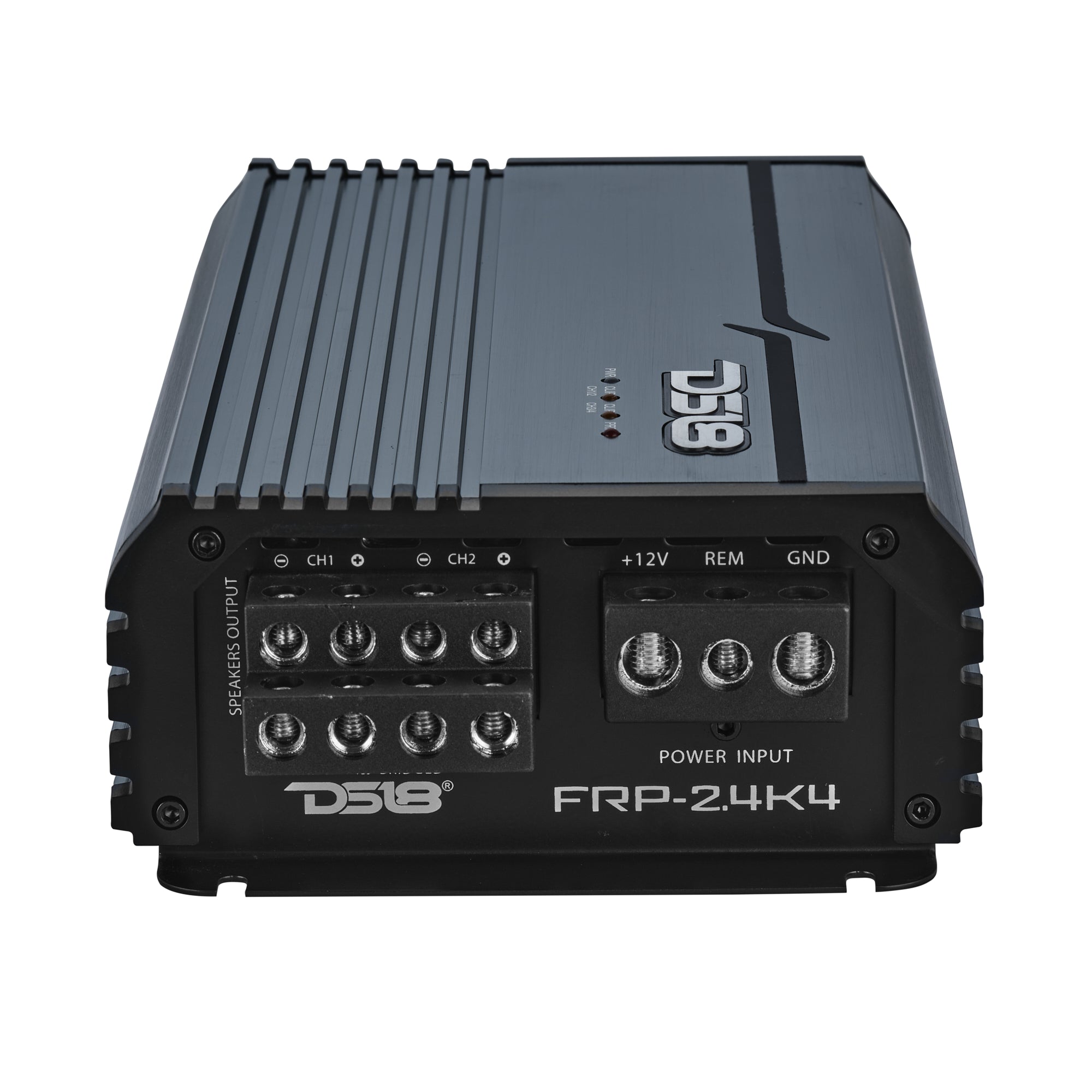 DS18 FRP-2.4K4-TI amplifier right side view showing crossover and gain controls