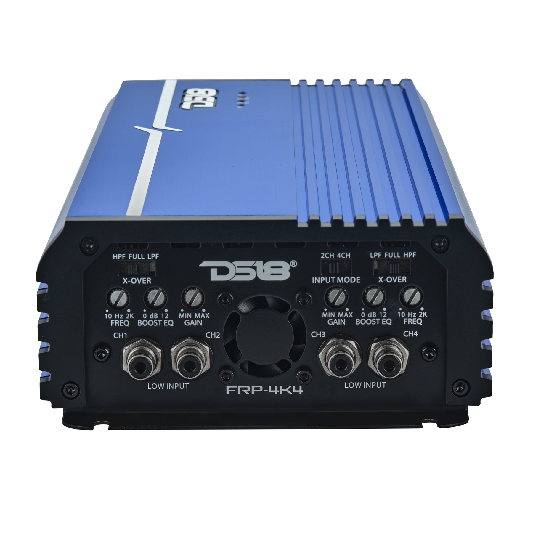 DS18 FRP-4K4-BL amplifier left side view showing crossover and gain controls