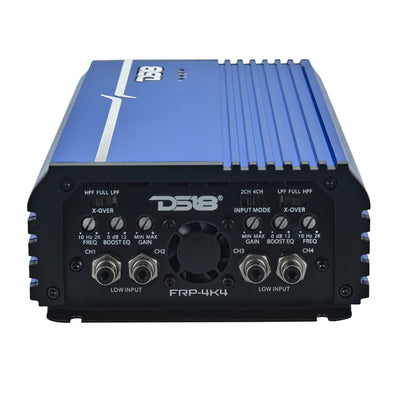 DS18 FRP-4K4-BL amplifier left side view showing crossover and gain controls