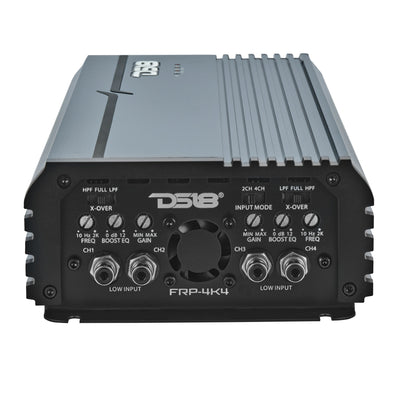DS18 FRP-4K4 amplifier, titanium finish, left side view showing crossover and gain controls