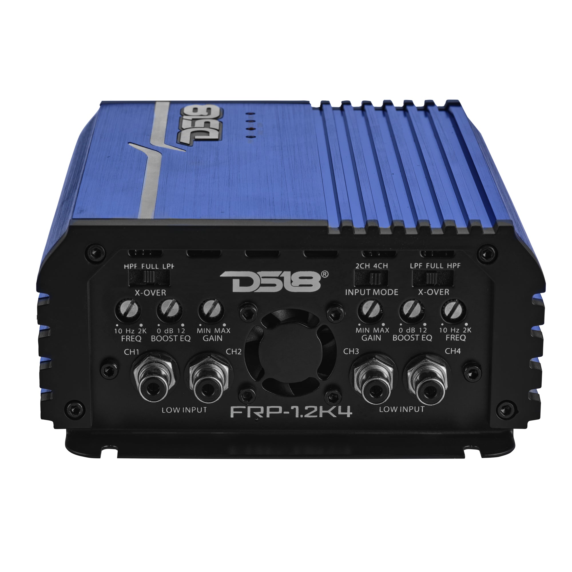 DS18 FRP-1.2K4-BL amplifier left side view showing power and speaker terminals